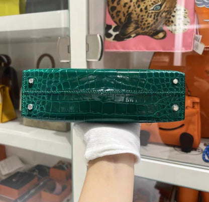 HERMES MINI KELLY SELLIER EMERALD SHINY ALLIGATOR PALLADIUM HARDWARE