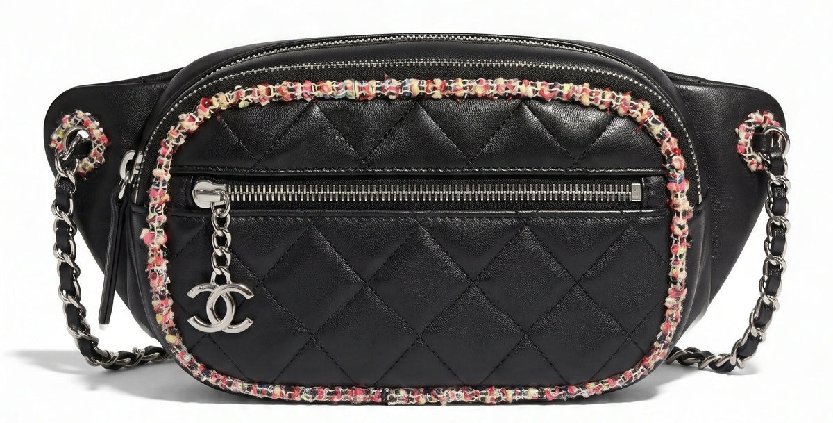 Chanel 19S Black Leather Multicolor Tweed Trim Quilted Waist Belt Bag