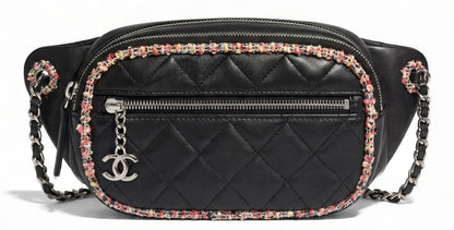 Chanel 19S Black Leather Multicolor Tweed Trim Quilted Waist Belt Bag