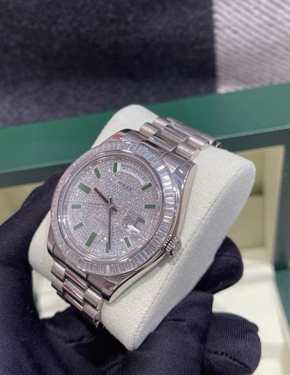 Rolex Day-Date 218399T 18k White gold 
pave diamond with green enamel
