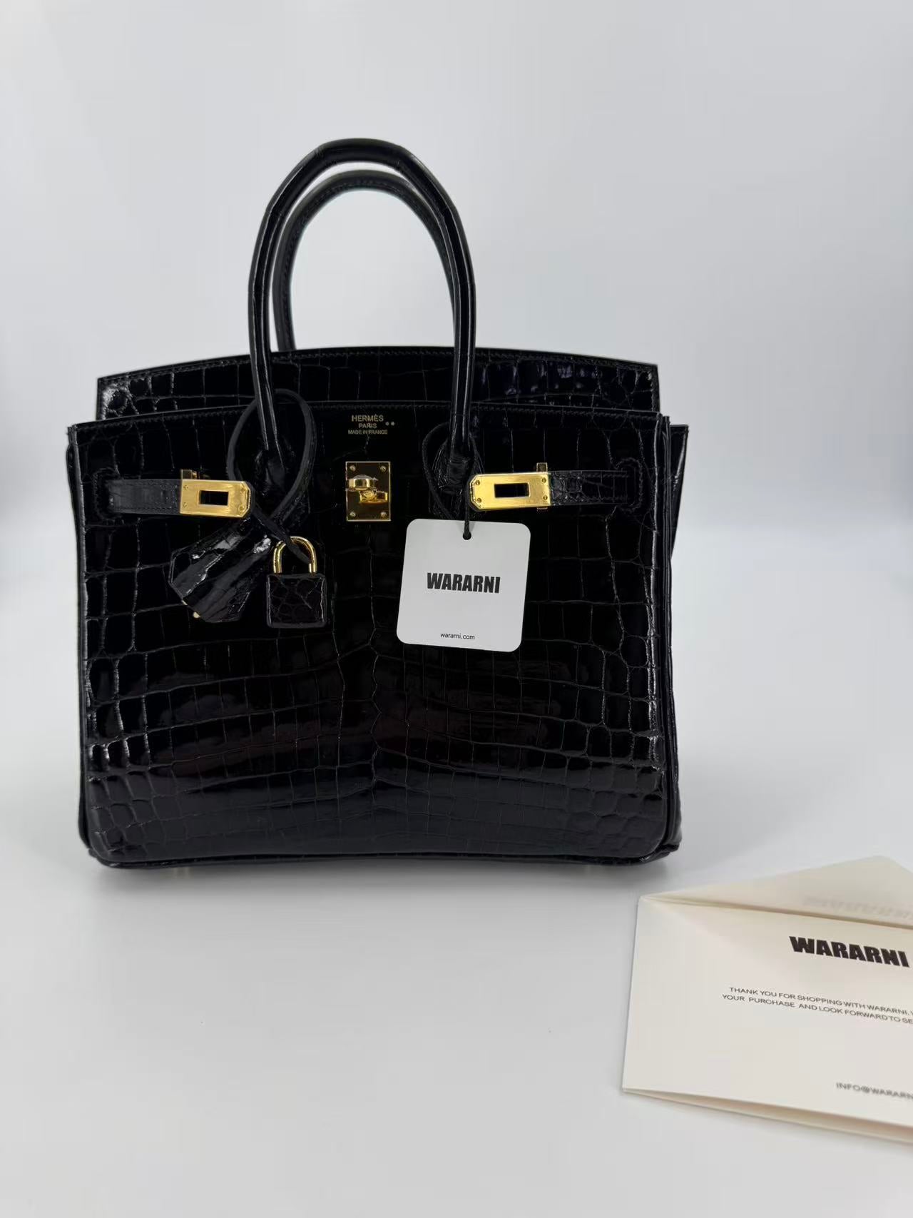 Hermes Birkin 25 Black shiny porosus crocodile leather gold hardware