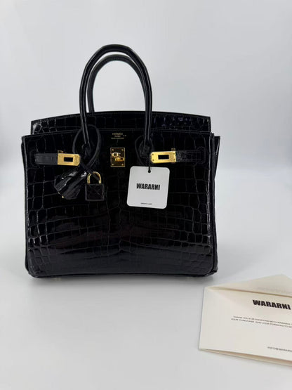 Hermes Birkin 25 Black shiny porosus crocodile leather gold hardware