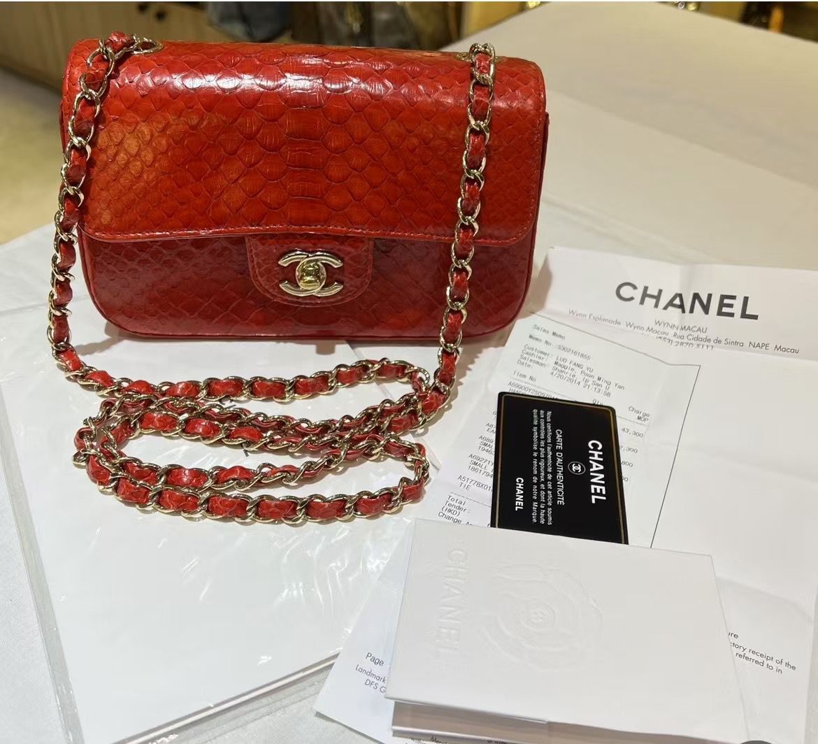 Chanel Red Classic Python Mini Rectangular Flap Bag