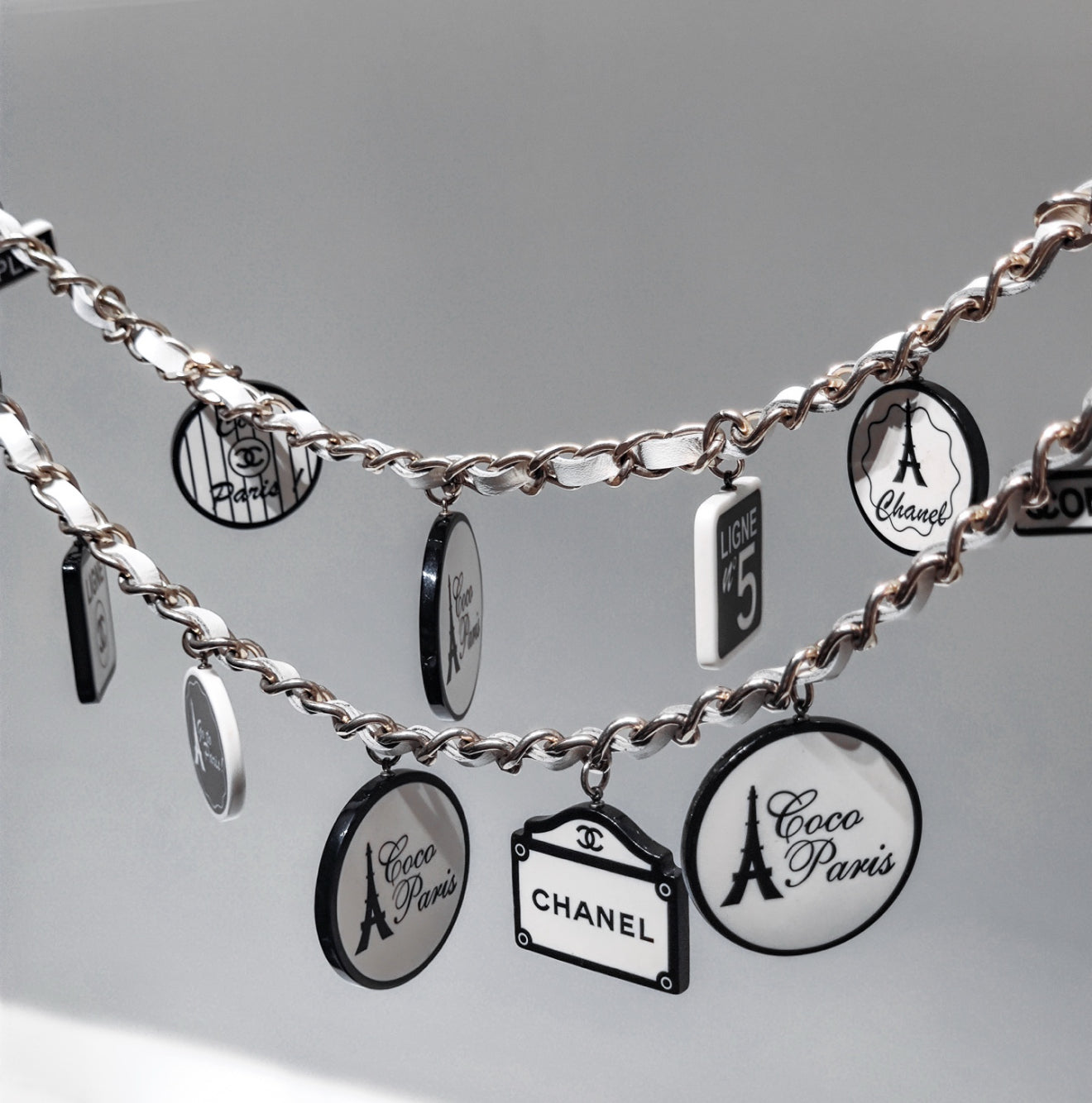 Chanel 06C Black and White Acrylic Multi-Element Pendant Leather-Threaded Chain Necklace