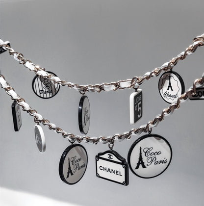 Chanel 06C Black and White Acrylic Multi-Element Pendant Leather-Threaded Chain Necklace