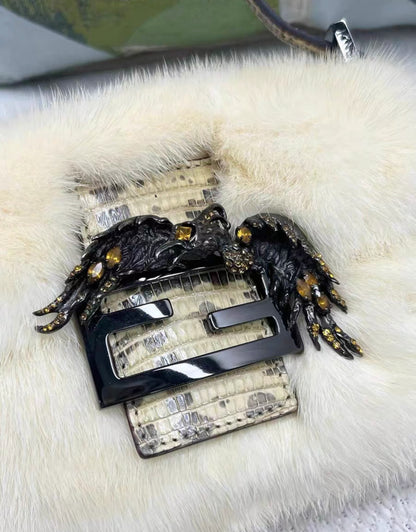 Rare Vintage Fendi Baguette Bag Fur with Lizard and Crystals Birds