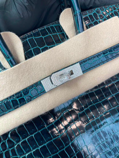 Hermes Birkin 25 Vert Rousseau Shiny porosus crocodile leather white gold diamond hardware