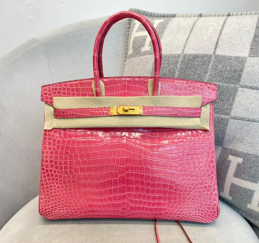 Hermes Birkin 35 Rose Fuschia shiny porosus crocodile leather gold hardware