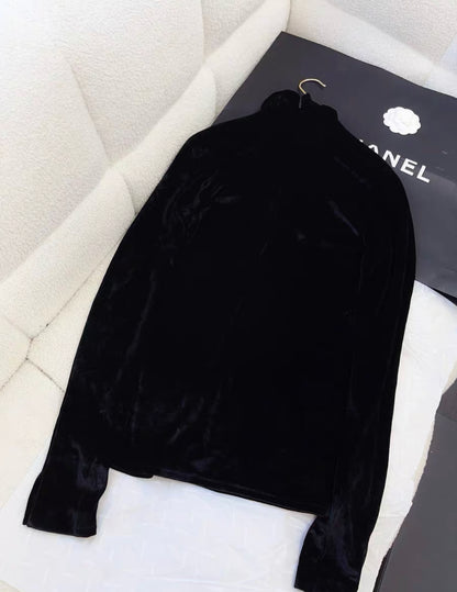 CHANEL 21A BLACK STRETCH VELVET CC LOGO SYMBOL TOP