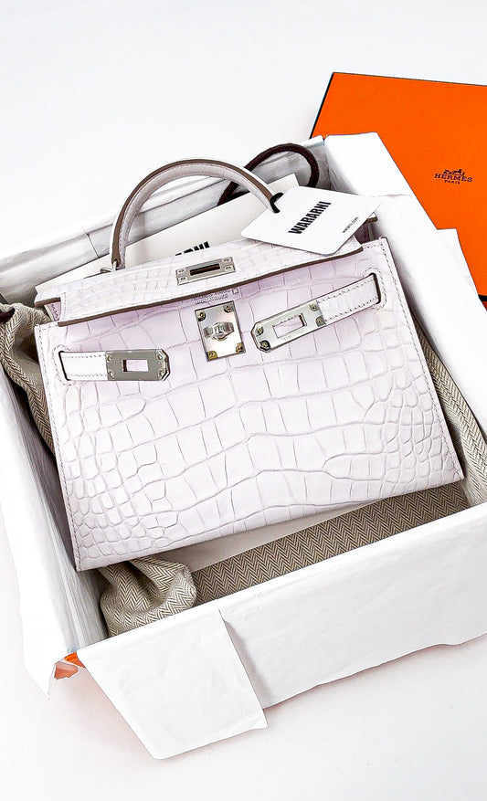 Hermes Mini Kelly 20 mauve pale matte alligator leather palladium hardware
