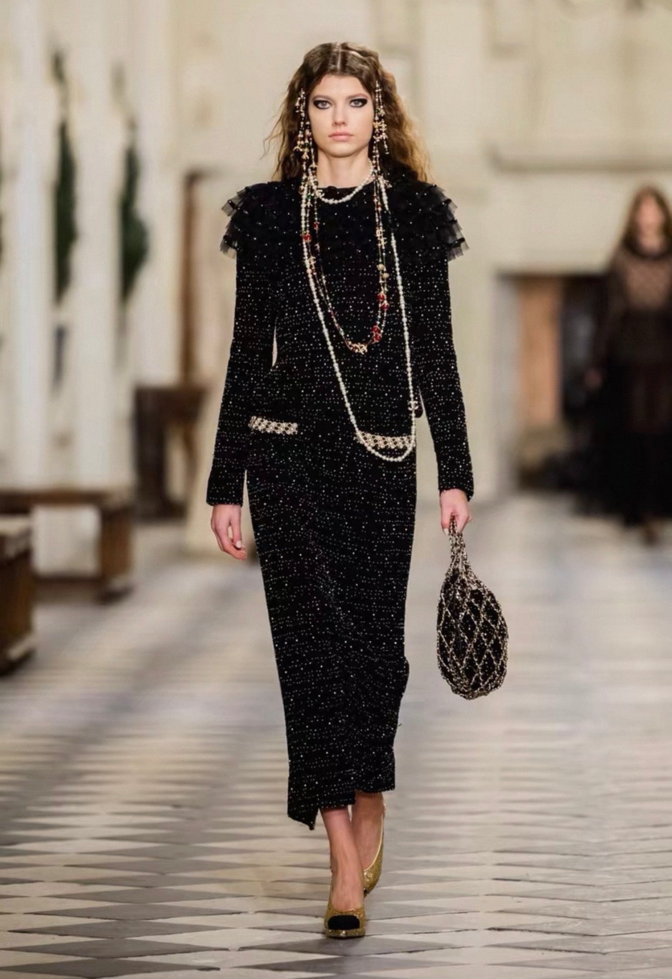 Chanel 21A black tweed mesh pearl sequinned long dress