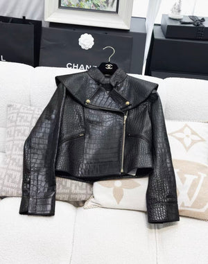 Chanel 19A Black Crocodile Leather Jacket