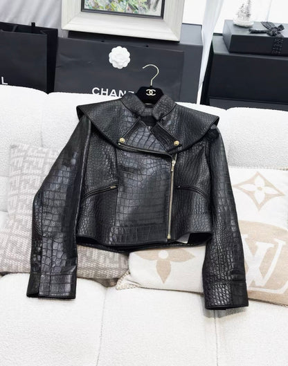 Chanel 19A Black Crocodile Leather Jacket