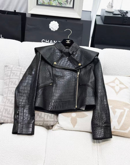 Chanel 19A Black Crocodile Leather Jacket