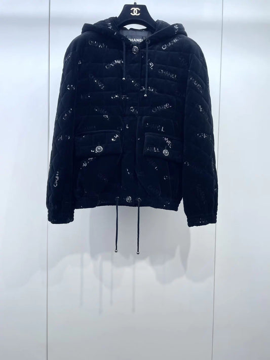 Chanel 22B Black Sequin Letter Velvet Down Jacket