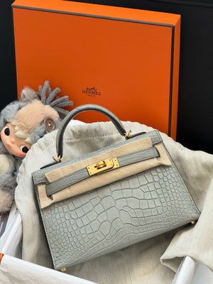 Hermès Mini Kelly 20 Gris Crystal (0V) Matte Alligator with Gold Hardware