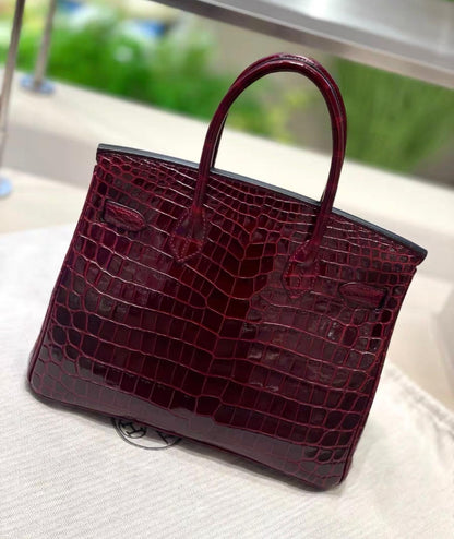 Hermes Birkin 30 Bordeaux Shiny Crocodile Leather Palladium Hardware