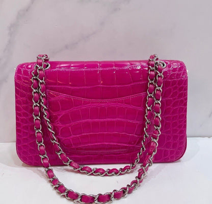Chanel pink alligator leather medium flag silver hardware