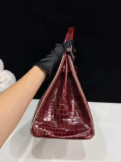 Hermes Birkin 30 Bordeaux Shiny Crocodile Leather Palladium Hardware