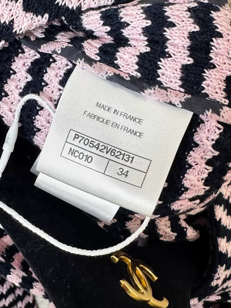 Chanel 21S pink and black striped leather-trimmed dress with chain