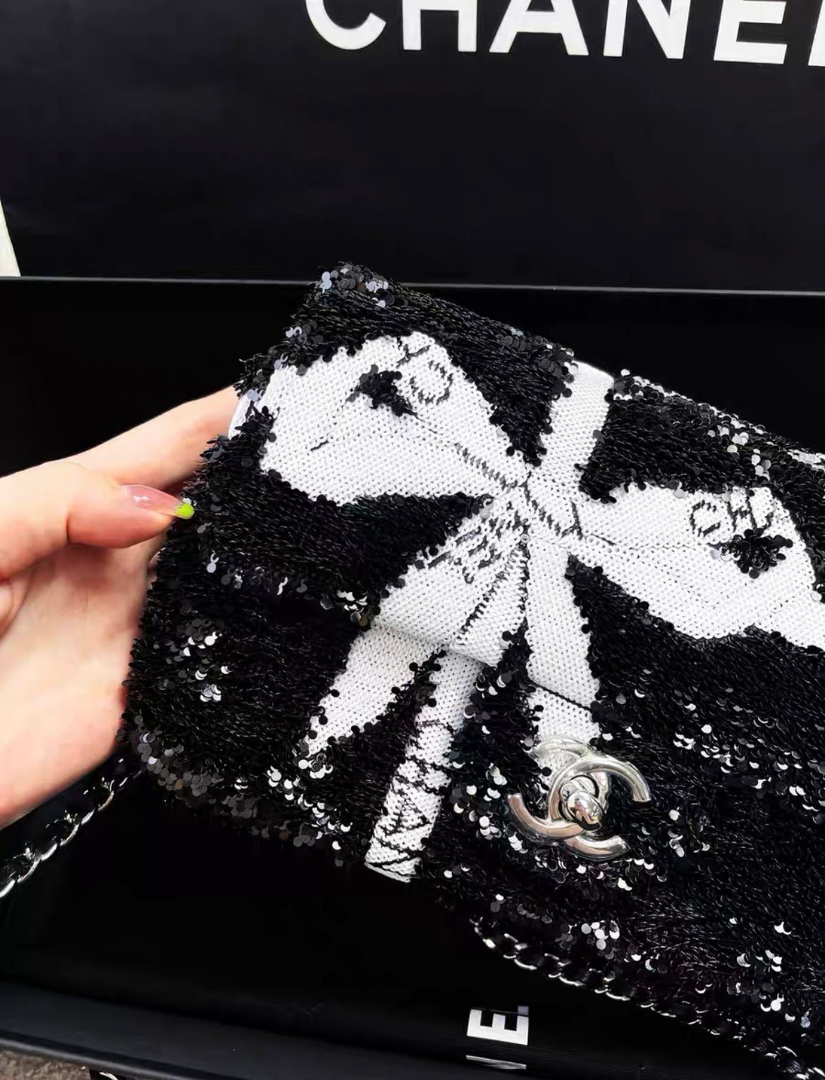 Chanel 24B black and white sequin bow silver hardware mini flap chain bag