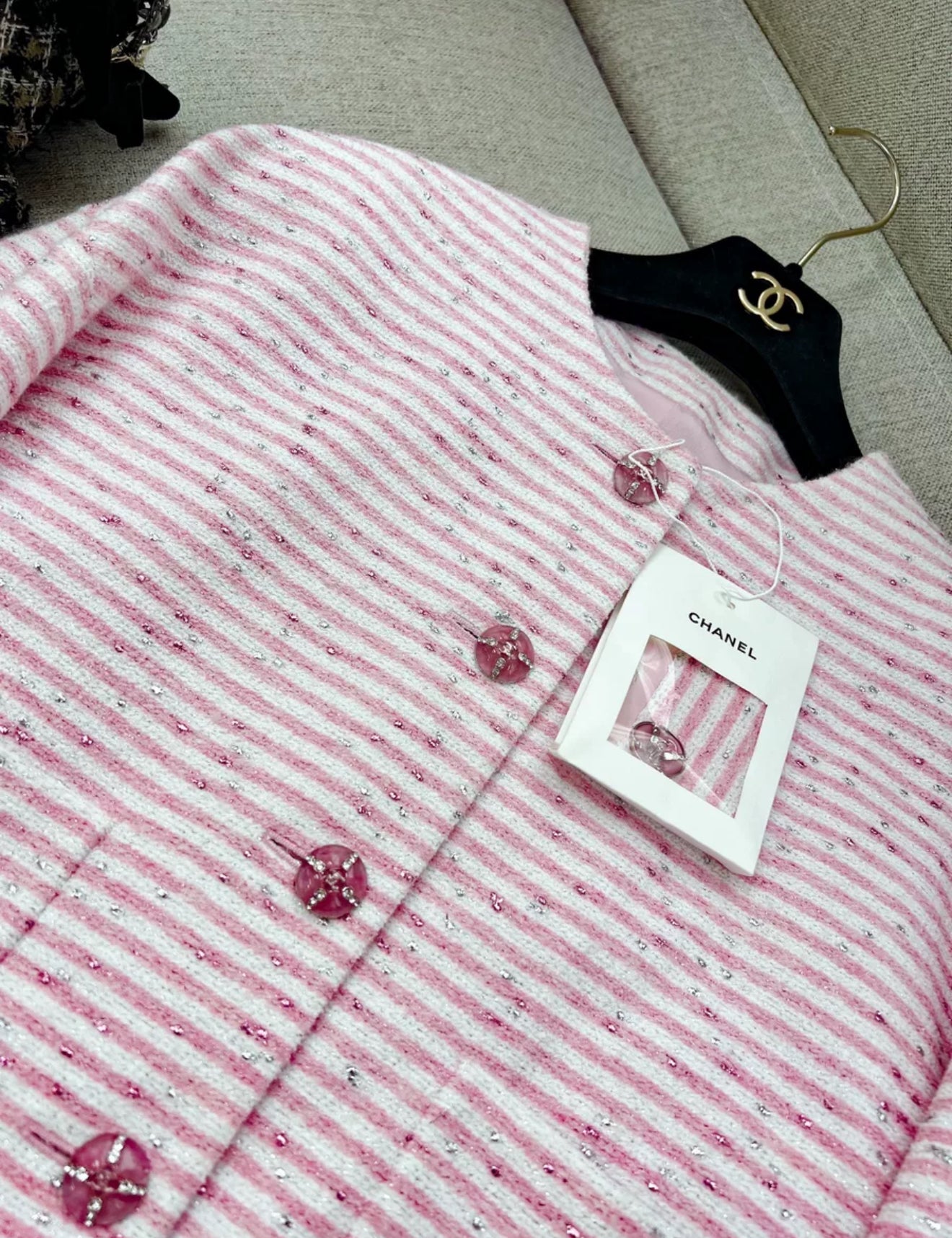 Chanel 24C pink and white striped glitter jacket