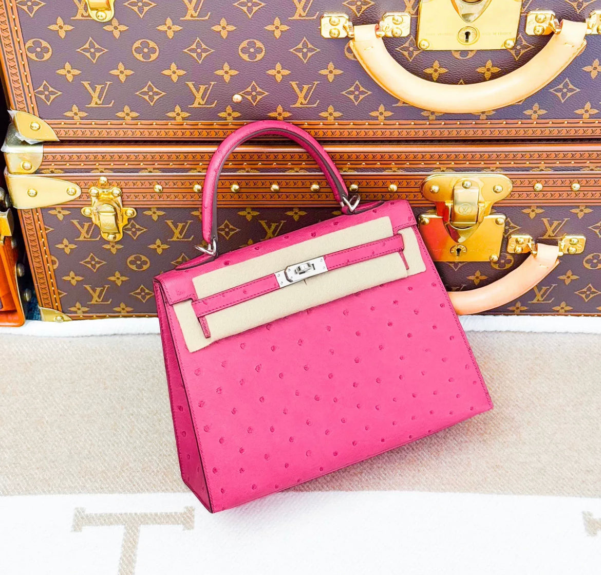 Hermes Kelly 25 Retourne Bag Pink Ostrich with Palladium Hardware