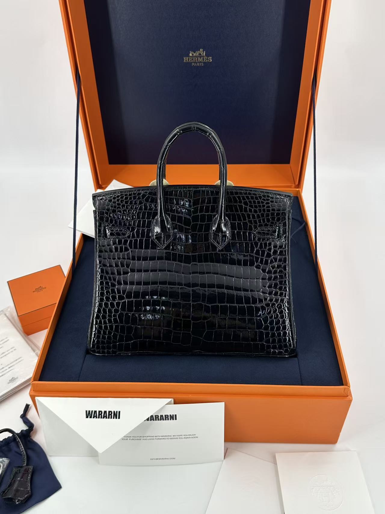 Hermès BIRKIN 25 SHINY BLACK POROSUS CROCODILE DIAMOND WITH 18K WHITE GOLD & DIAMOND HARDWARE, Brand new full set!!!