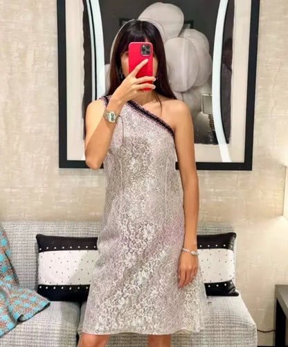 Chanel 23P Silver Iridescent Lace dress