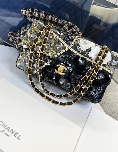 Chanel 25A Embroidered, Sequins & Gold-Tone Metal flap bag
