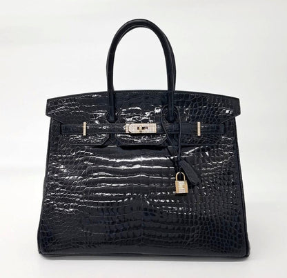 Rare Hermes Birkin 35 Black shiny crocodile leather Gold Diamond Hardware