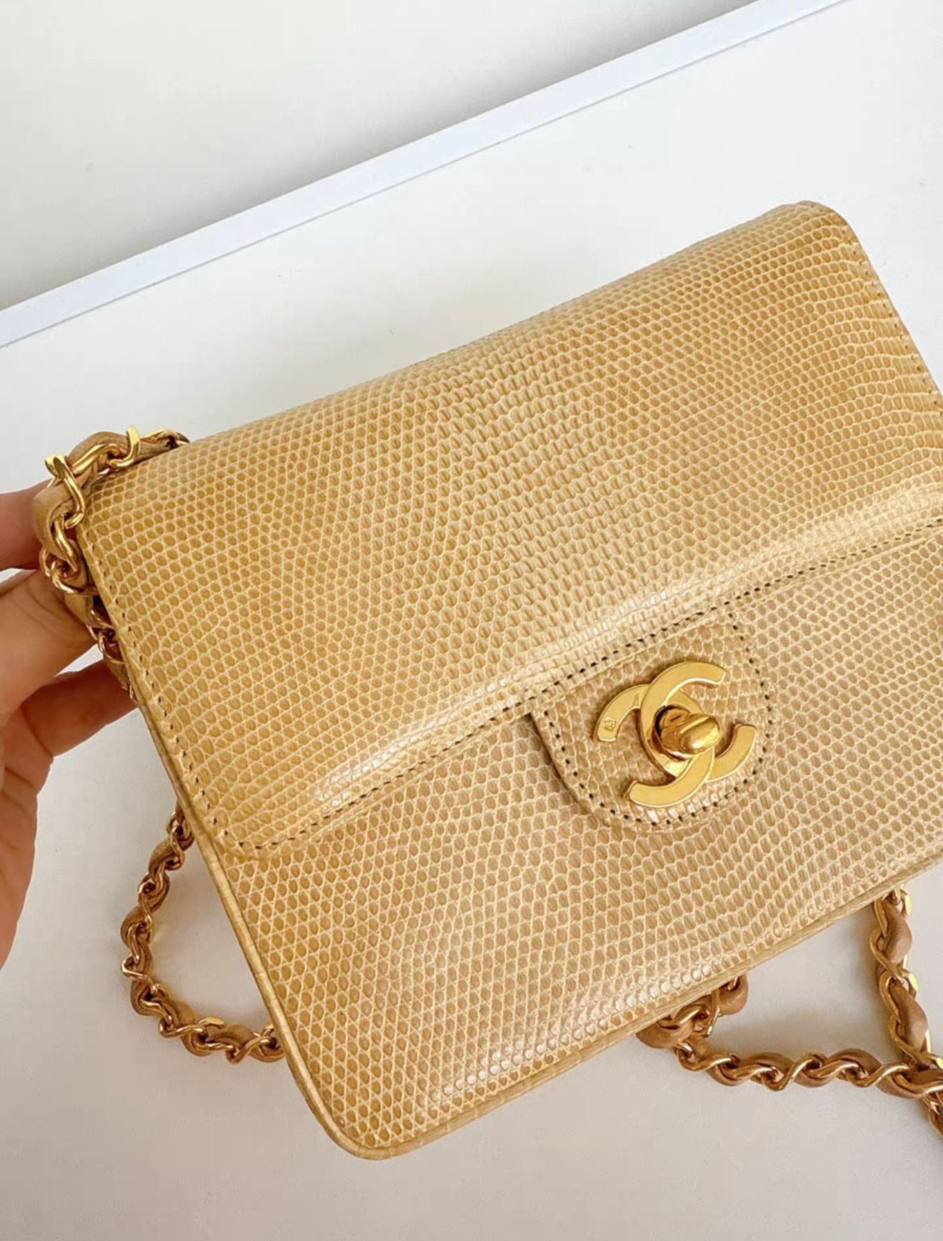 Chanel Vintage Flap Bag in Beige Lizard Leather and gold hardware