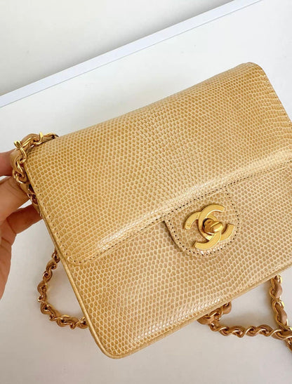 Chanel Vintage Flap Bag in Beige Lizard Leather and gold hardware