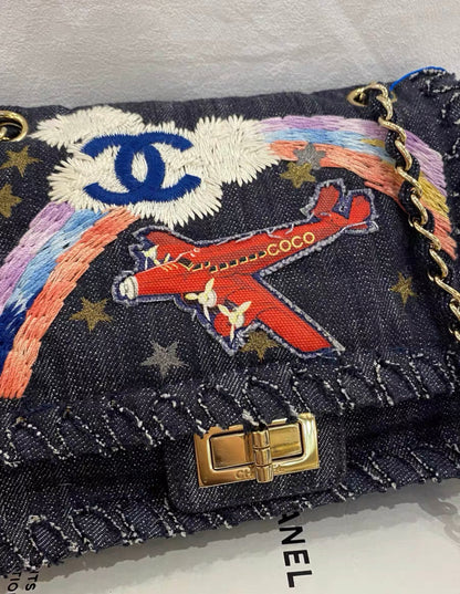 CHANEL 2006 VINTAGE NIGHT FLIGHT DENIM REISSUE AIRPLANE RAINBOW BAG 24K GHW