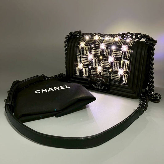 Rare CHANEL 2017 LED BOY Black chain Shoulder Bag