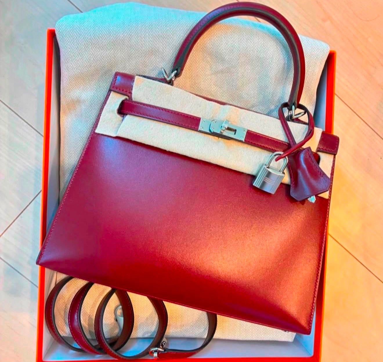 Hermes Kelly 25 Rouge H Box Palladium hardware