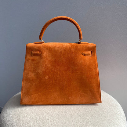 Hermès Kelly 25 Orange Doblis suede leather gold diamond hardware (Extremely rare)