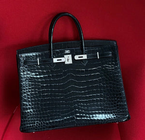 Rare Hermes Birkin 40 black shiny porosus crocodile leather palladium hardware