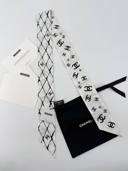 Chanel 23s Twilly Black and White Check Double C Scarf