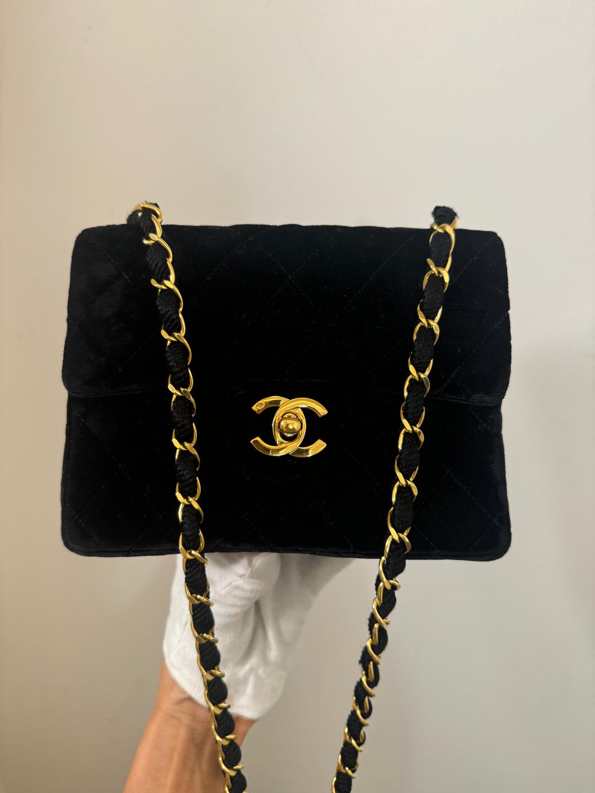 Chanel Vintage Mini Velvet Flap bag Black gold hardware