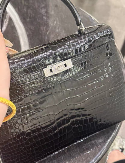 Hermes Kelly 25 Shiny crocodile leather white gold & diamond hardware