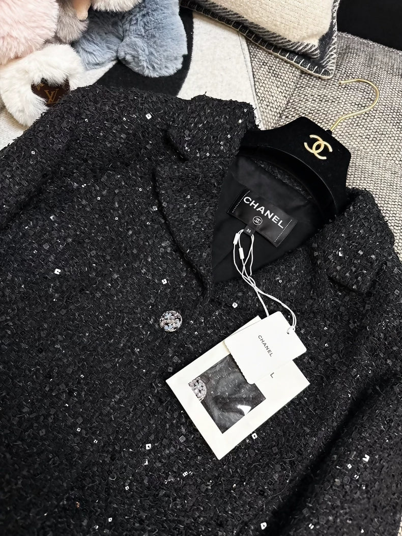 Chanel 24S Black Sequin Tweed Jacket