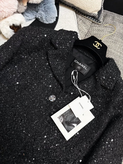 Chanel 24S Black Sequin Tweed Jacket
