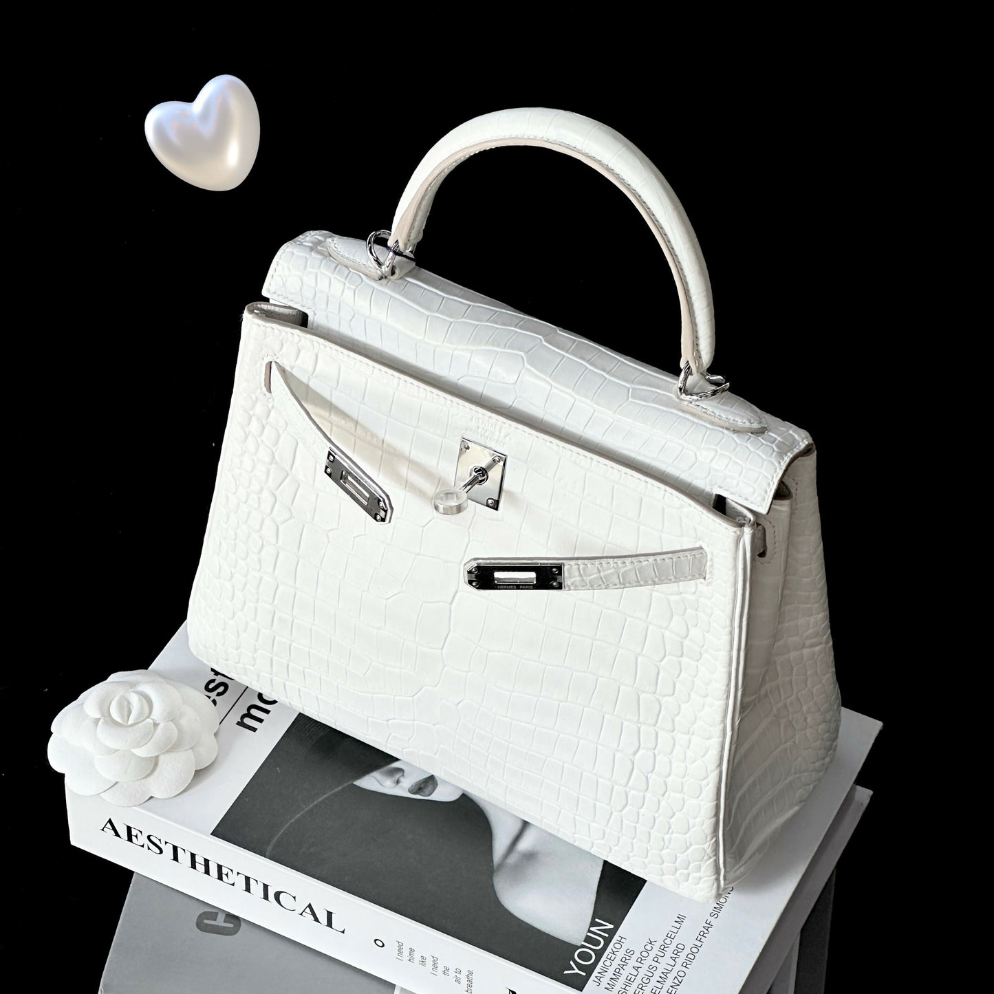 Hermès Kelly Sellier 25 Bleu Nacre Porosus Crocodile Matte with Palladium Hardware