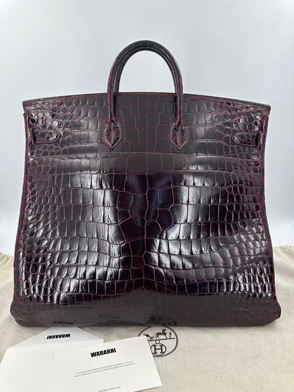 Hermès HAC 50 Bordeaux Porosus Crocodile Gold Hardware