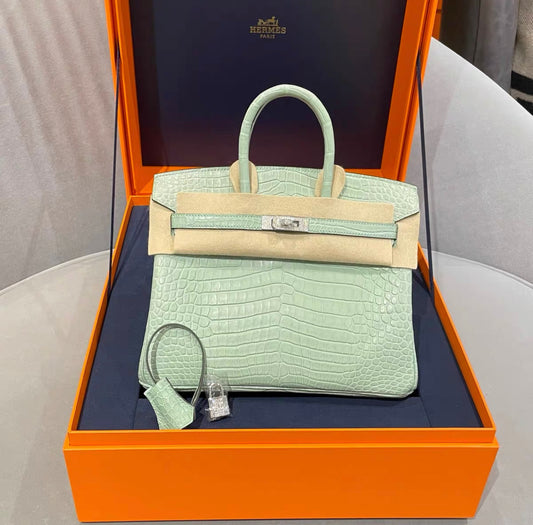 Hermes Birkin 25 Shiny Gris Neve Crocodile with Solid 18K White Gold & Diamond Hardware Brand new full set!