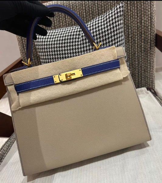 Hermes kelly 28 HSS Trench / Bleu Electrique Epsom Brushed gold hardware