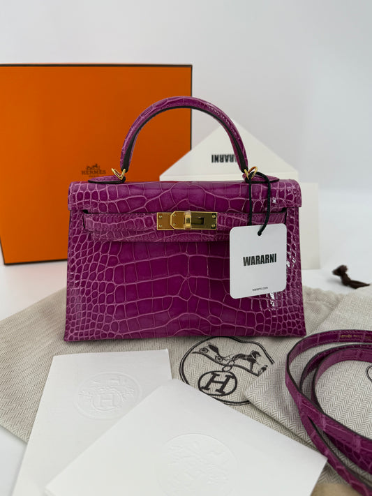Hermes Mini Kelly 20 Rose Scheherazade Shiny Alligator Gold hardware
