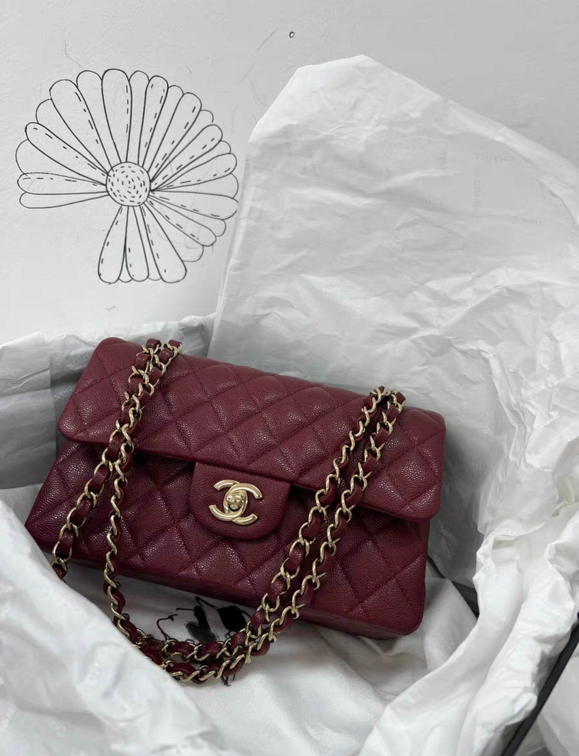 Chanel 23 Red Wine Burgundy Caviar Leather Medium Classic Flap