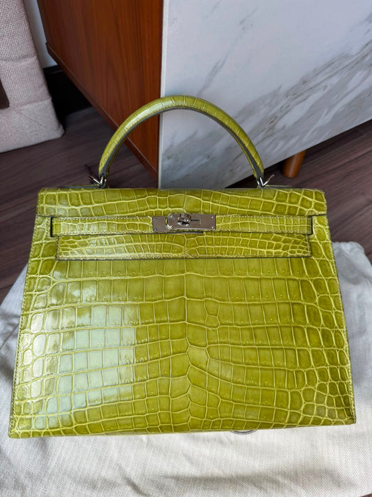 Hermes kelly 35 Vert Anis Shiny Niloticus alligator leather palladium hawradre